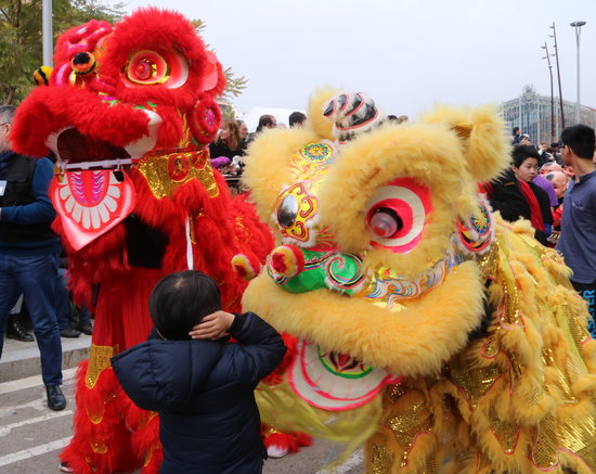 A child in front of one of the Chinese New Year parade figures in 2018 (by ACN)